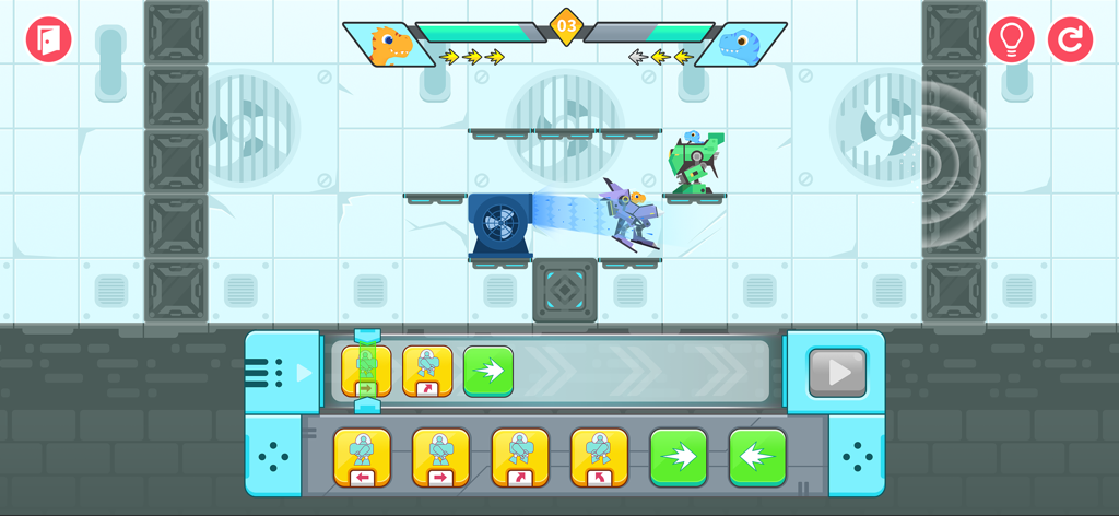 Eine Mecha-Kampfszene in einem Programmierspiel für Kinder mit einem Dinosaurier-Piloten und visuellen Programmierblöcken.