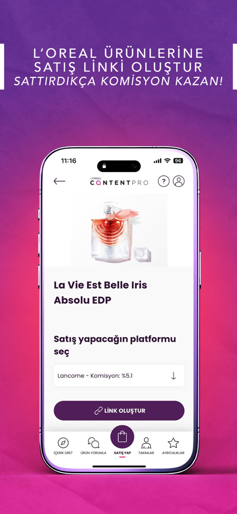 ContentPro - ContentProアプリのインターフェイス。販売リンクを作成し、L'Oréal美容製品のコミッションを獲得するためのものです。