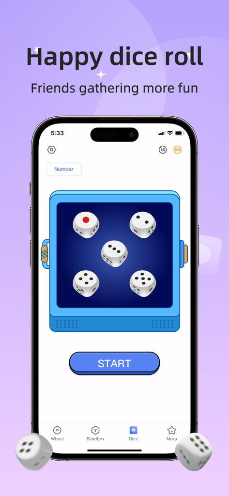 Smartphone interface of the Tiny Decisions app showing the dice roll game feature.