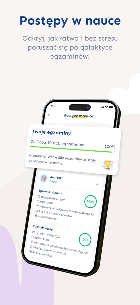 Szkoła w Chmurze - Interface do aplicativo móvel Szkoła w Chmurze mostrando a conclusão de 100% do exame de um aluno e o acompanhamento do progresso.