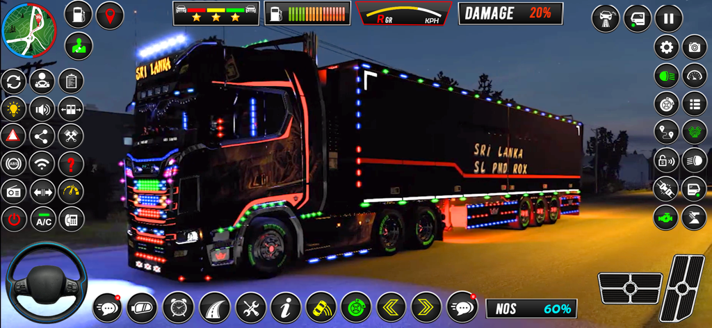 Captura de pantalla del juego Euro Truck Driving Truck Games con un camión semirremolque negro personalizado con luces de neón por la noche