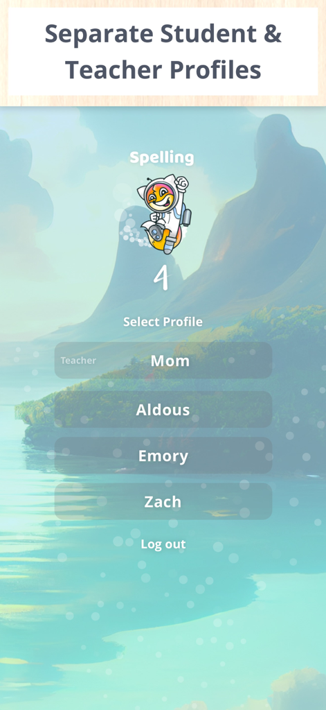 Spelling Ace 4th Grade - Spelling Ace 4th Grade app interface showing a profile selection screen with options for a teacher and multiple student accounts.