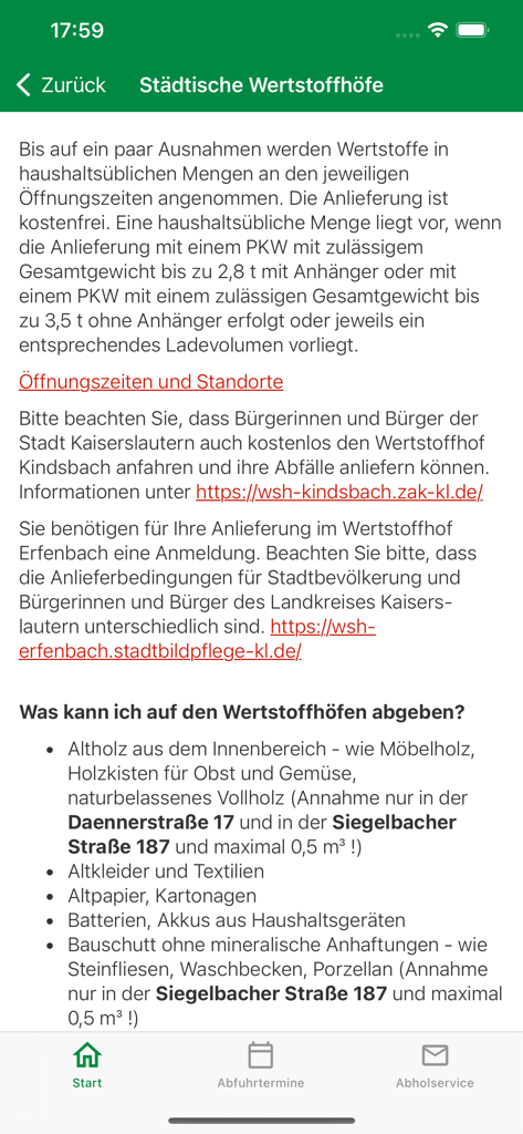 App-Bildschirm mit Vorschriften und zugelassenen Materialien für städtische Recyclingzentren in Kaiserslautern