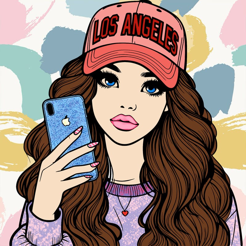 realistic beautiful girl wearing los ángeles cap holding an iphone