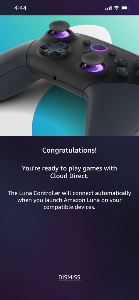 Luna Controller - Mensagem de sucesso no aplicativo Luna Controller mostrando que a configuração foi concluída para jogos Cloud Direct