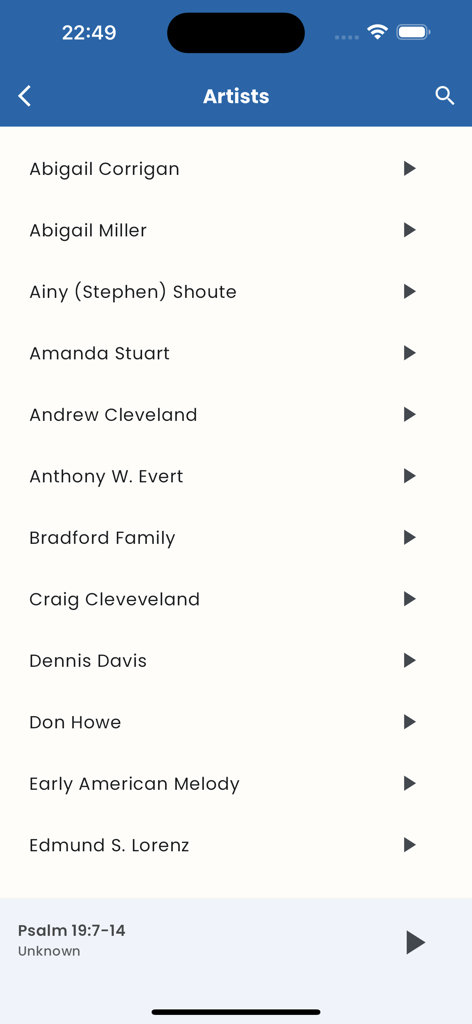 Scripture Singer - A list of musical artists in the Scripture Singer app for learning Bible verses through song