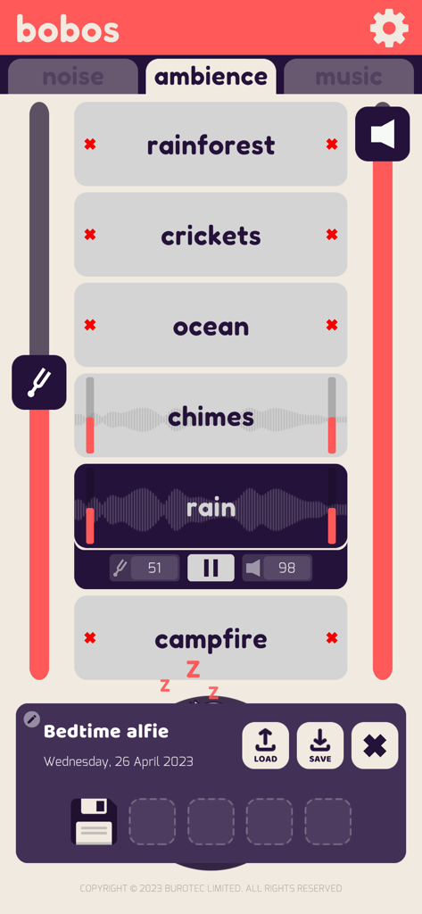 Fan App - Sleep Aid - Interface of the Fan App showing an ambience mixer with selectable sounds like rain, crickets, and ocean for sleep aid.