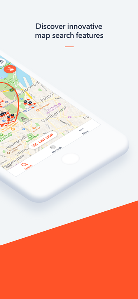 Mobile app interface showing a commercial property map search with pins and a hand-drawn search boundary.