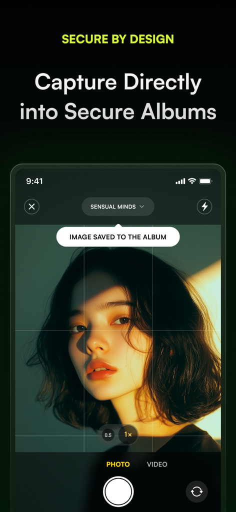 Encamera Encrypted Photo Vault - Interfaz de la aplicación móvil Encamera mostrando una foto que se guarda directamente en un álbum de bóveda encriptada segura