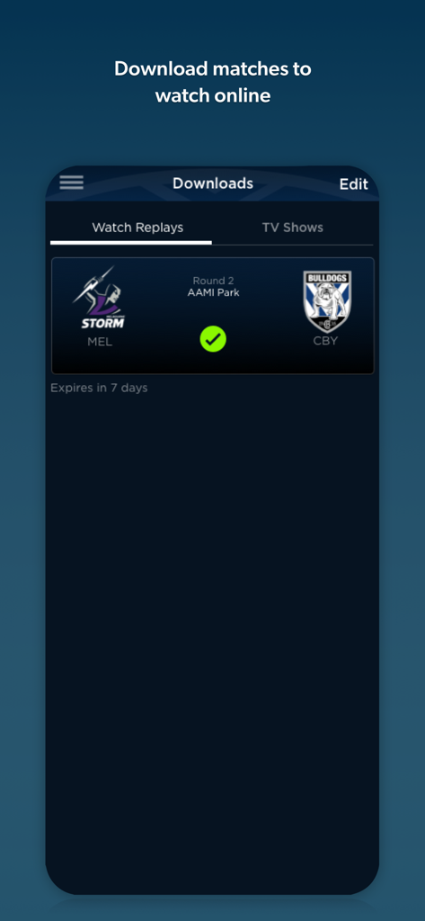 Watch NRL - Watch NRL app interface showing a downloaded match replay available for offline viewing