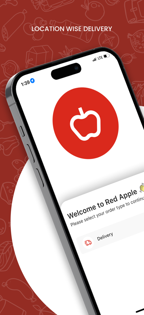 Redapple PK - Redapple PK mobile app welcome screen on an iPhone showing location wise delivery options