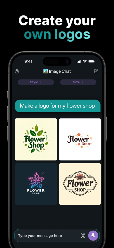 Chatbot IA generando múltiples diseños de logotipos para una floristería basados en un prompt de texto