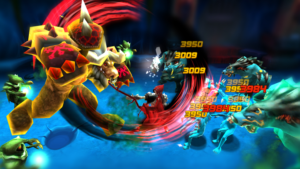 Blade Warrior: Console-style 3D Action RPG - Action gameplay in Blade Warrior showing a hero attacking monsters with a red spin skill