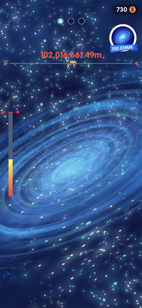 Lady Toss - A character floating in a blue spiral galaxy with a distance score of over 100 million meters in Lady Toss game.