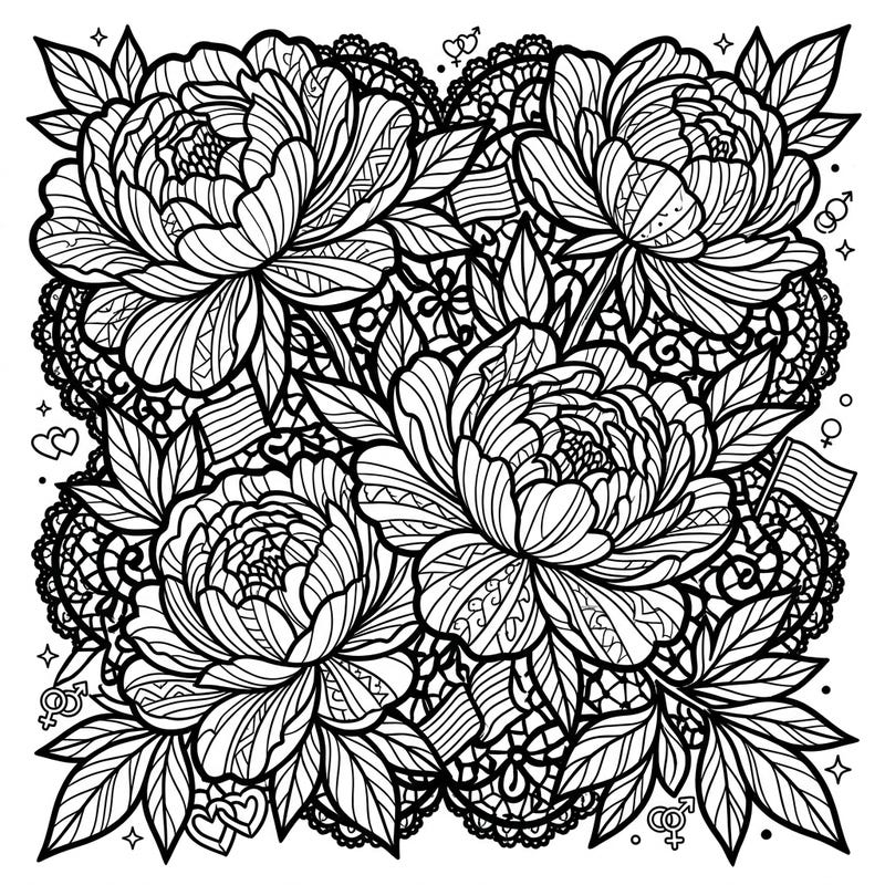 Discover a stunning Red Peonies coloring page infused with Gothic elegance and vibrant Pride spirit. This intricate design blends ornate floral motifs with symbolic elements, offering a unique canvas for your creativity.