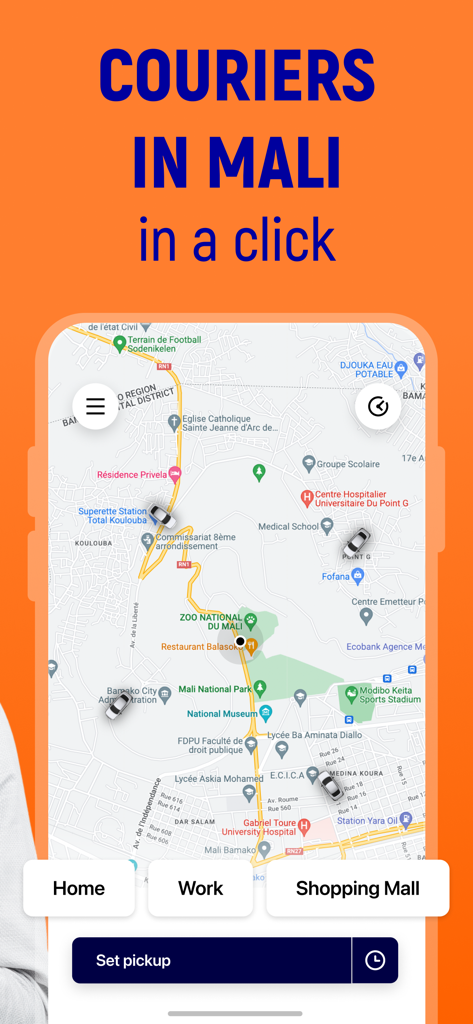 Map interface of the SoRo Service app in Bamako showing nearby couriers and pickup options.