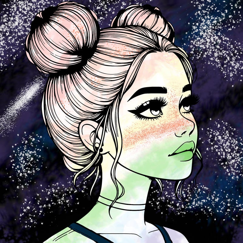 realistic girl with buns on the top of her head