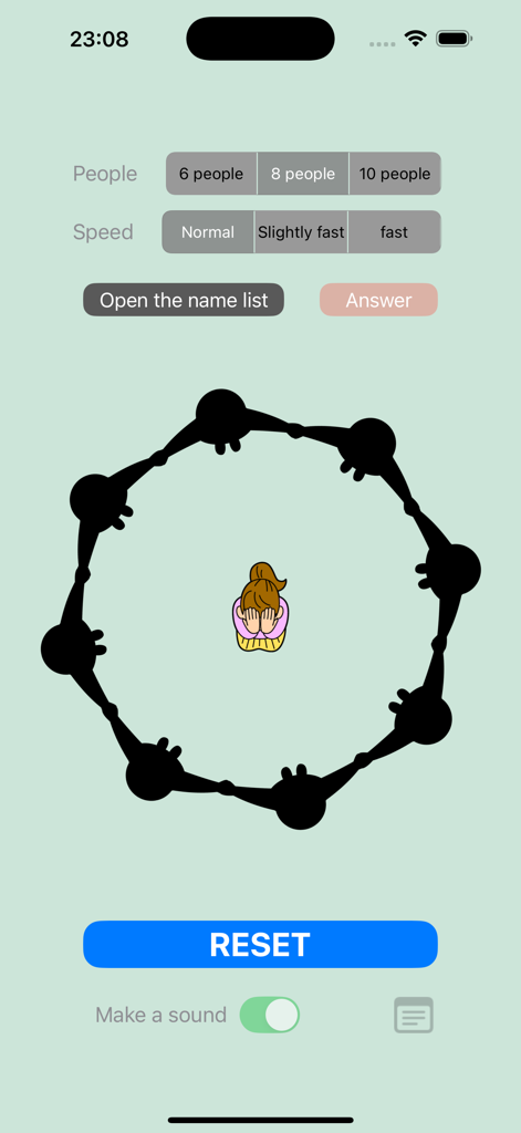 Kagome Kagome - Screenshot of the Kagome Kagome game showing a circle of silhouettes around a blindfolded character.