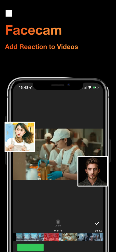 Screen Recorder ° - iPhone screen displaying the Facecam feature for adding video reactions