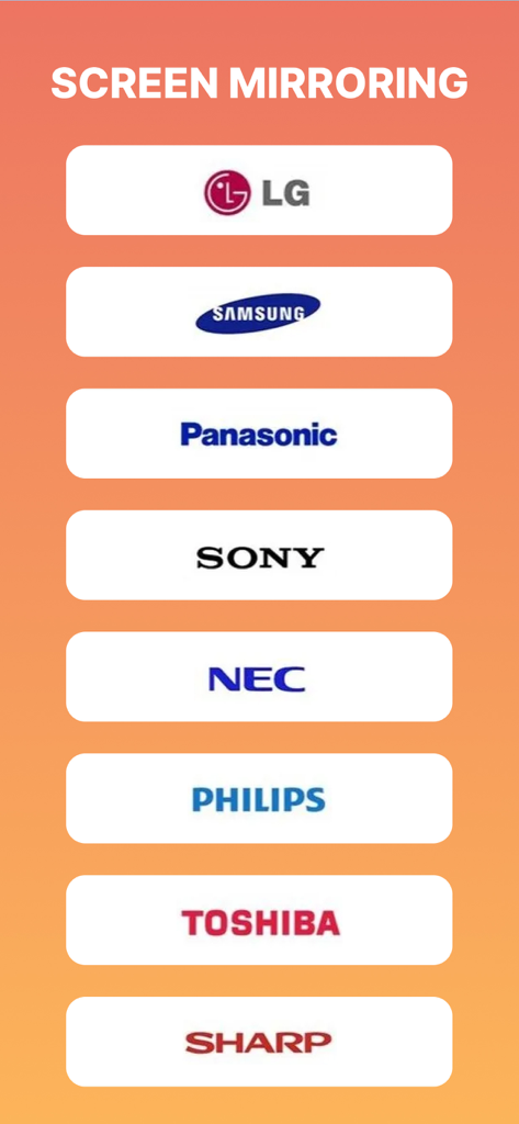 Screen Mirroring TV Cast+ - A list of compatible smart TV brands for screen mirroring including LG, Samsung, Sony, and Panasonic