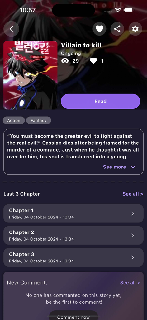 Cmanhua - Screenshot of the Cmanhua app showing details for the manga Villain to kill with a chapter list and genre tags like Action and Fantasy.