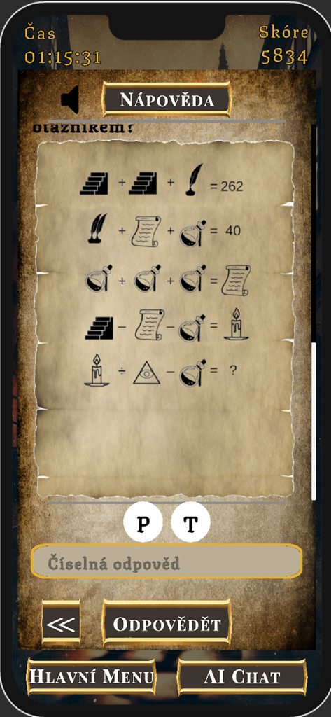 Enigma City Adventure - A mathematical logic puzzle with historical symbols on a parchment background in the Enigma City Adventure game.