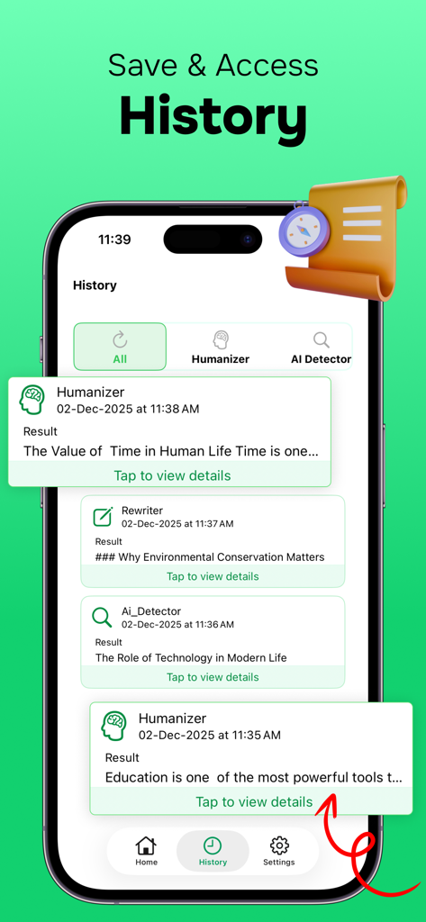 History screen of the app showing previous humanized text and AI detection results.