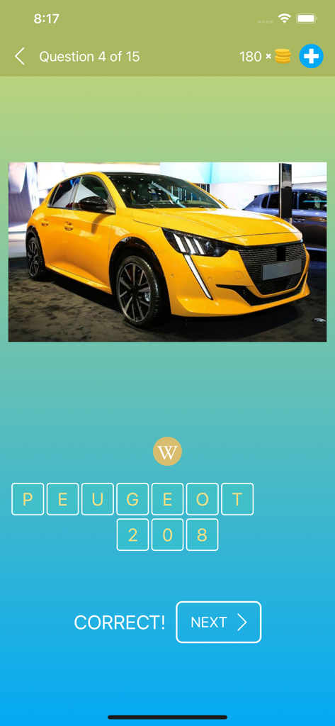 Captura de pantalla de la aplicación Quiz de Coches mostrando una respuesta correcta para un modelo Peugeot 208 amarillo