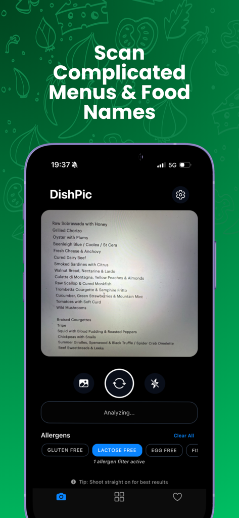 DishPic: Menu Scanner & Macros - DishPic app interface scanning a text-heavy restaurant menu with active dietary filters for lactose free options.