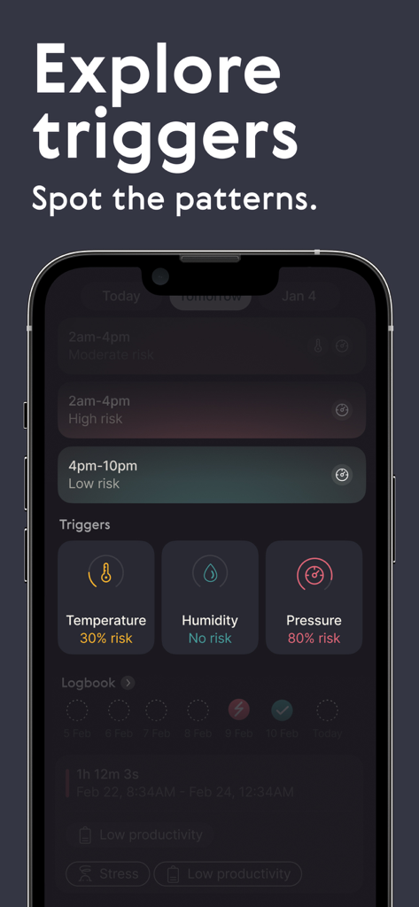 Relief - Migraine Tracker - Relief Migraine Tracker app interface showing environmental triggers like temperature and pressure risk factors
