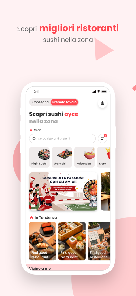Schermata di uno smartphone che visualizza la home page dell'app sushi AYCE con ricerca ristoranti e categorie di cibo