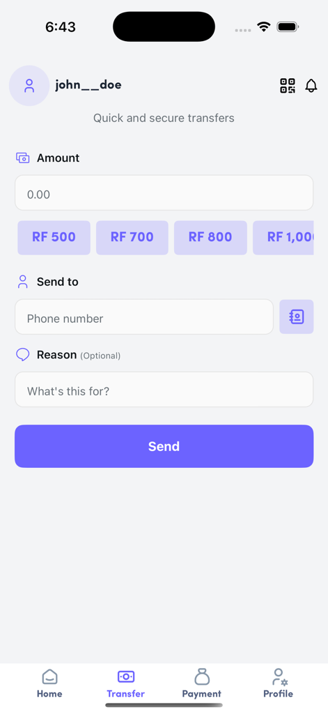 Ikofi - Ikofi-App-Oberfläche für schnelle und sichere Geldüberweisungen mit Betrag in Ruandischen Francs und Telefonnummerneingabe.