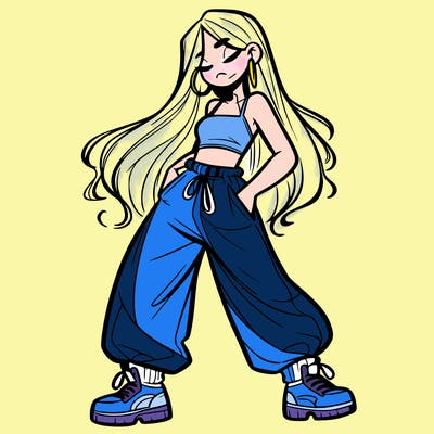 girl in baggy pants crop top and long hair