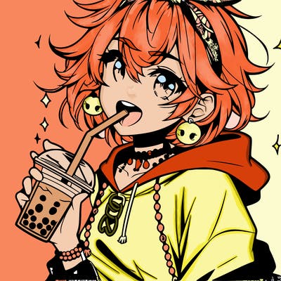 hot baddie anime girl drinking boba and biting the straw