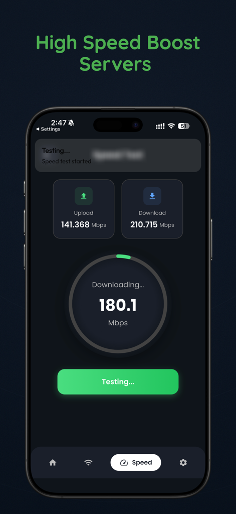 DNS Cloak: Secure VPN & Proxy - DNS Cloak app speed test screen showing high download and upload speeds for secure servers.