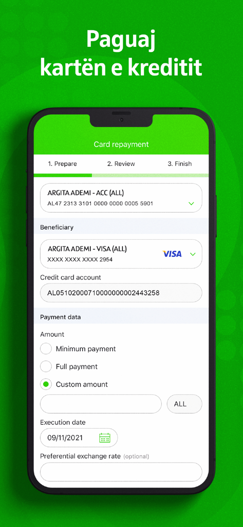 OTP Bank Albania - Mobile app interface of OTP Bank Albania showing credit card repayment options