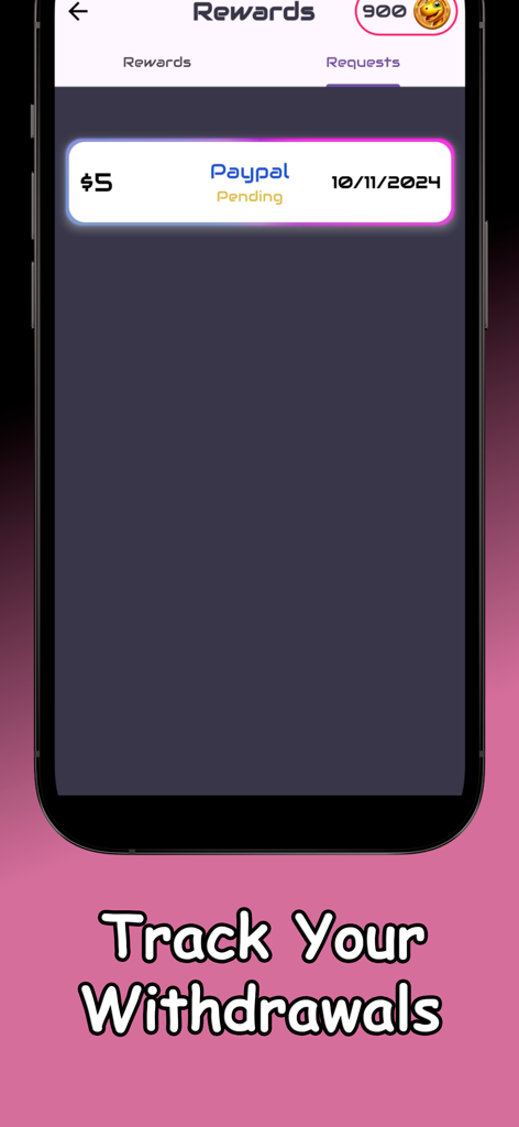 A mobile app screen showing a pending five dollar PayPal reward withdrawal under the requests tab.