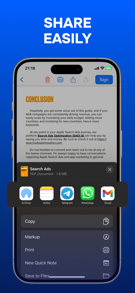 Écran de smartphone montrant les options pour partager un document PDF signé par e-mail et applications de messagerie