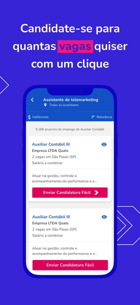 Una pantalla de smartphone mostrando las listas de empleos de la aplicación Catho con una función de solicitud con un clic en portugués
