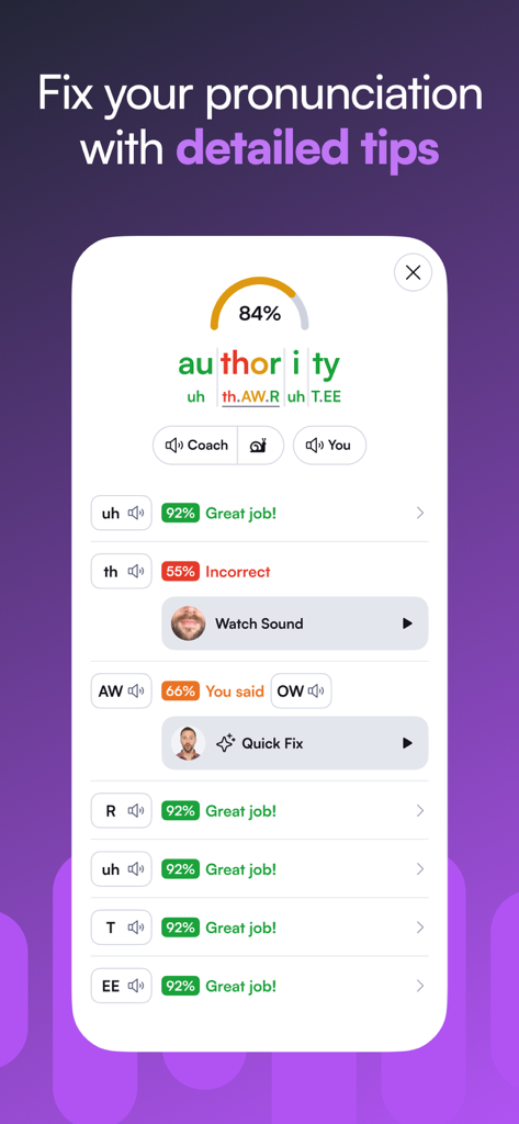 BoldVoiceアプリの画面。単語「authority」の詳細なAI発音フィードバックと音単位の分析が表示されています。