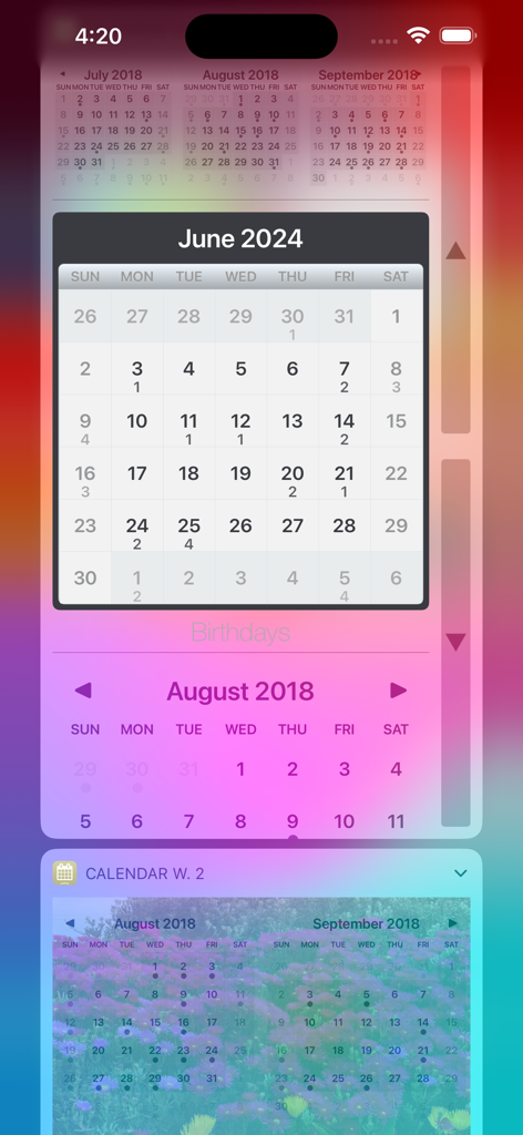 Calendar Widget - Visualizzazione di vari widget di calendario personalizzabili per iPhone con diversi temi e schemi di colori