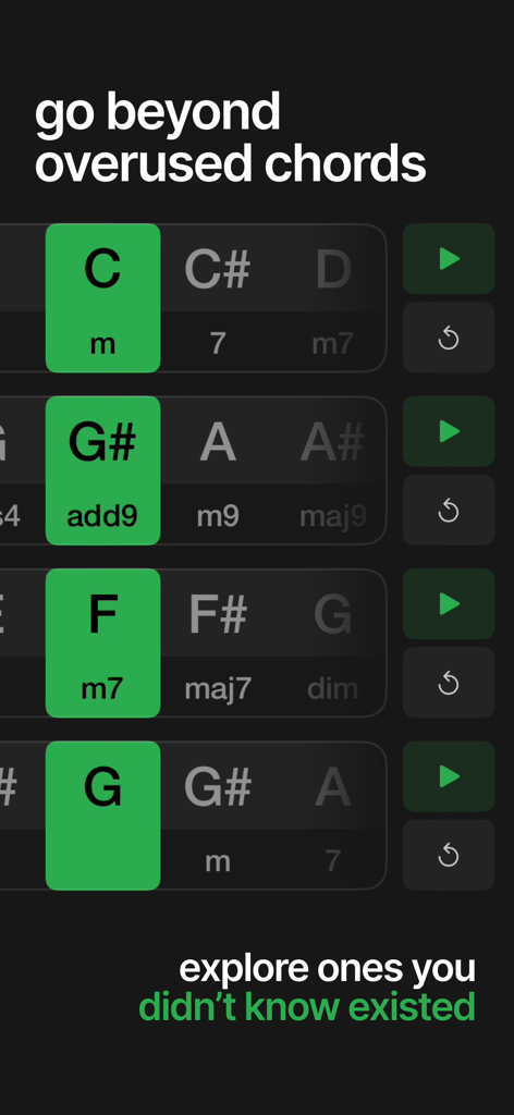 RiffKit Guitar Chord Generator - Interface do aplicativo RiffKit mostrando acordes de guitarra únicos como Cm e G sustenido add 9 com botões de reprodução para composição de músicas.