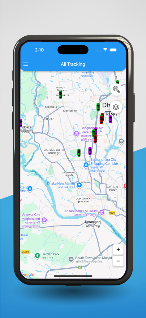 Grameenphone Vehicle Tracking - Smartphone screen showing multiple vehicles on a map in the Grameenphone tracking app