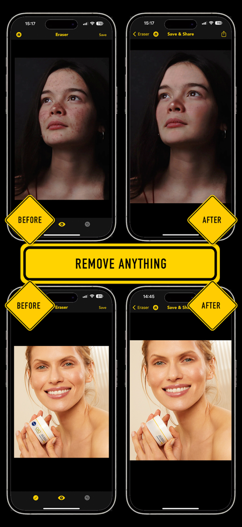 Lama fiXing 앱의 인물 사진 피부 보정 및 객체 제거 기능을 보여주는 이전 및 이후 비교.