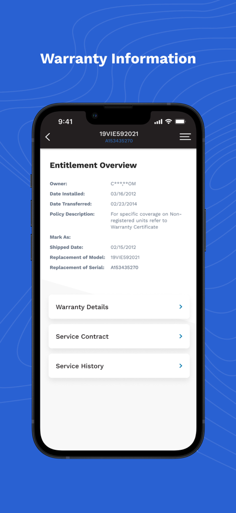 Carrier® Service Technician - Carrier Service Technician app screen showing equipment entitlement overview and warranty details