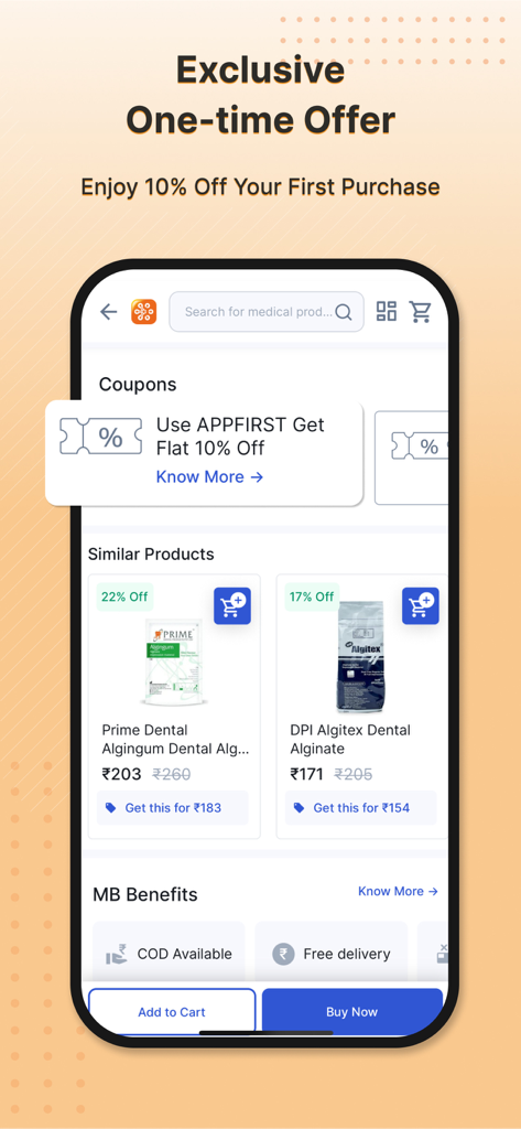 Medikabazaar-Medical Supplies - Medikabazaar app interface showing a 10 percent discount offer for first time buyers and listings for dental supplies