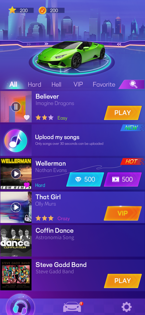 Beat Racing Car EDM - Beat Racing Car EDM song selection screen with a green sports car and music list