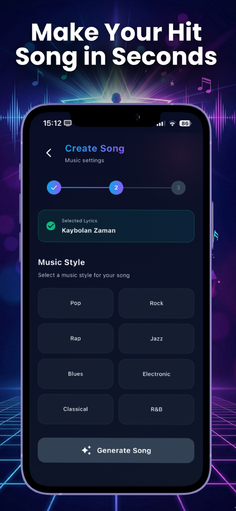 Ayro: AI Music & Create Singer - Ayro app interface for selecting a music style like Pop or Rock to generate an AI hit song.