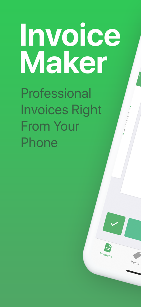 Invoice Maker: PDF Generator - A green marketing screen for Invoice Maker showing the text Professional Invoices Right From Your Phone