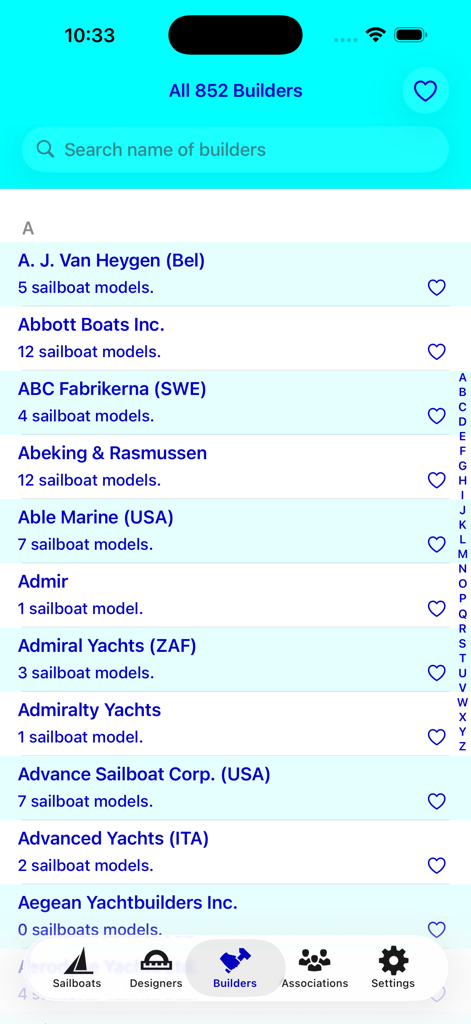 A screenshot of the SailboatData app displaying an alphabetical searchable list of sailboat builders.